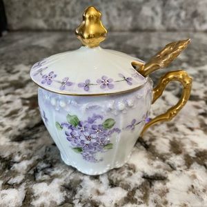 VINTAGE JEAN POUYAT LIMOGES GOLD CHINA SUGAR DISH WITH SPOON LILAC DESIGN